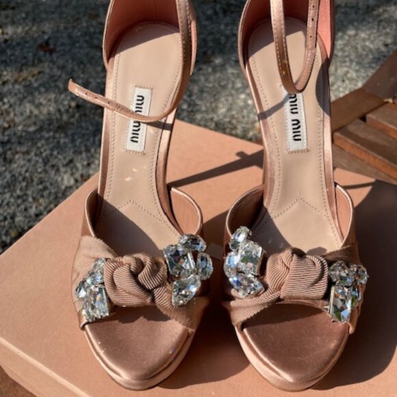 Miu Miu Nude Satin Heels with Crystal Embellishment, Size 6.5 - Picture 2 of 13